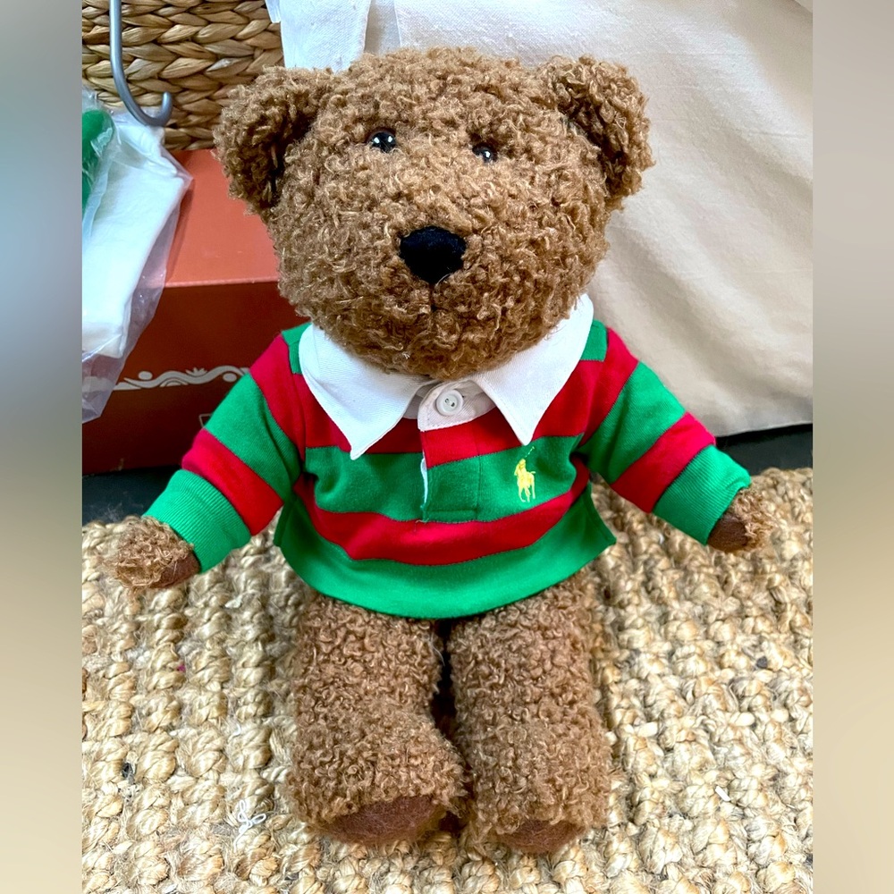 Ralph Lauren Polo Teddy Bear 2005 Red Green Rugby Shirt 15" Curly Fur Plush Toy